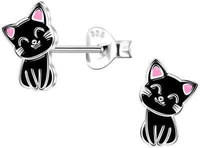 Joy|S - Zilveren kat poes oorbellen - zwart met roze oortjes - 6 x 9 mm - kinderoorbellen - sterling zilver 925