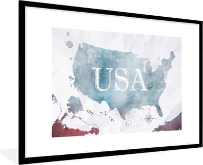 Poster in lijst - Fotolijst 120x80 cm - Posters - Wereldkaart - Verenigde Staten - Olieverf - Posterlijst zwart - Decoratie - Wanddecoratie woonkamer - Muurdecoratie slaapkamer