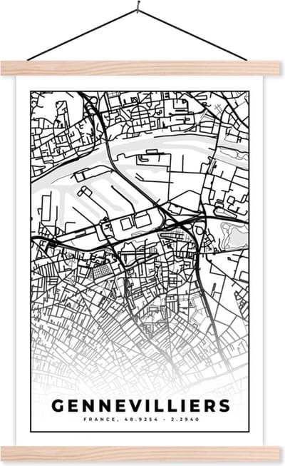 Posterhanger incl. Poster 40x60 cm - Schoolplaat - Stadskaart - Frankrijk - Kaart - Plattegrond - Gennevilliers - Zwart wit - Textielposter - Blanke latten - Stadskaart