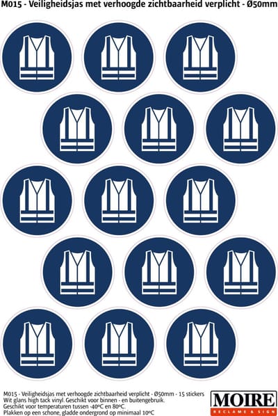 Pictogram sticker 75 stuks M015 - Veiligheidsjas met verhoogde zichtbaarheid verplicht - 50 x 50mm - 15 stickers op 1 vel