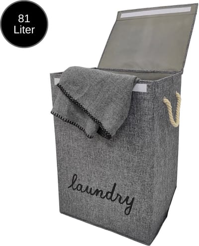 Janse® Wasmand grijs met zwart - Stevige opvouwbare wasmand met deksel - 81 Liter - Met handvatten - Laundry basket - Badkamer organizer - Opbergbak - Ruime wassorteerder
