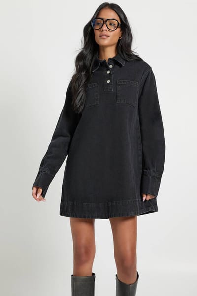 boohoo Dames Hoge denim jurk met lange mouwen | Washed Black | Maat: 6