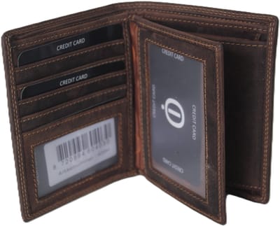 Oi Hunter bruine leren billfold hoog model / platte heren portemonnee voor 9 pasjes / zwarte herenbeurs hoog en breed uitgevoerd / RFID SAFE / bruin leer /409H