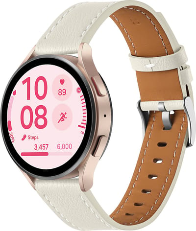 Strap-it 'One Push' leren bandje 20mm - geschikt voor Samsung Galaxy Watch 3 41mm / 4 (Classic) / 5 (Pro) / 6 (Classic) / 7 40mm & 44mm / Active / FE - Amazfit GTS 1-2-3-4 / Bip U (Pro) / Bip 3 (Pro) - Polar Ignite / Unite (beige)