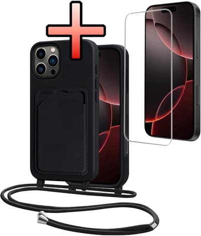 Hoes Geschikt voor iPhone 16 Pro Hoesje Pasjeshouder Cover Met Koord Case Siliconen Hoes Met Telefoonkoord en Kaarthouder Met Screenprotector - Zwart