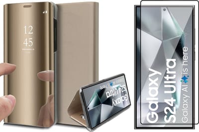 Hoesje geschikt voor Samsung Galaxy S24 Ultra - Screenprotector PET - Spiegel Book Case Goud