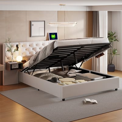 Gestoffeerd bed, 140 x 200 cm hydraulisch bed met USB-aansluiting en leeslampjes, verbreed hoofdeinde met nachtkastjes, fluweel, exclusief matras (Verzonden in 2 pakketten)