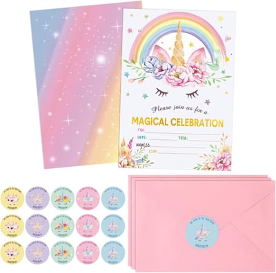 24 Eenhoorn Verjaardag Uitnodigingen Set met Regenboog Stickers en Enveloppen - Feestartikelen Meisjes