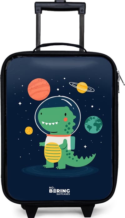 NoBoringSuitcases.com® - Kinderkoffer jongen - Kindertrolley meisje - Ruimte - Dino - Planeten - Sterren - Koffer kind lichtgewicht - Reiskoffer trolley voor kinderen - Koffertje met lichtgevende wieltjes - Rolkoffer zwart