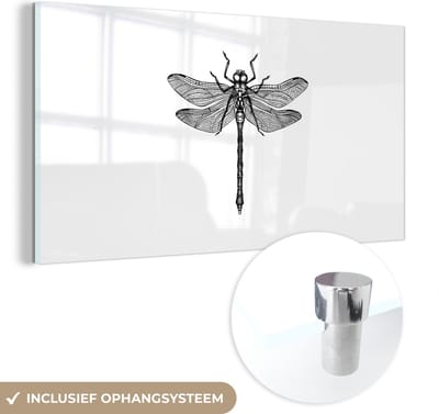 MuchoWow® Glasschilderij 40x20 cm - Schilderij acrylglas - Libelle - Insecten - Retro - Zwart wit - Foto op glas - Schilderijen