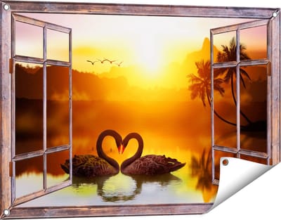 Gards Tuinposter Doorkijk Twee Zwarte Zwanen in een Hart Vorm - 90x60 cm - Tuindoek - Tuindecoratie - Wanddecoratie buiten - Tuinschilderij