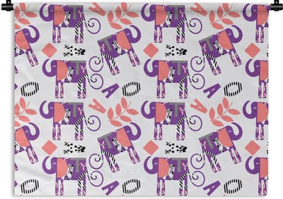 Wandkleed - Wanddoek - Olifanten - Bladeren - Paars - Patroon - 120x90 cm - Wandtapijt