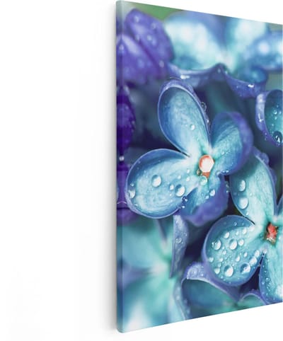 Artaza Canvas Schilderij Bloemen - 60x90 cm - Wanddecoratie Bloem - Muurdecoratie Waterdruppels - Schilderijen Op Canvas - Blauw