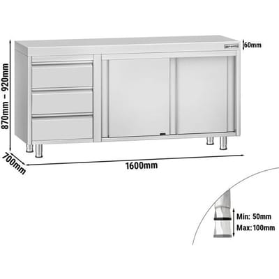 GGM Gastro Edelstahl Arbeitsschrank ECO - 1600x700mm - mit 3 Schubladen links Zilver