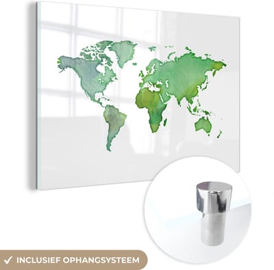 ® Glasschilderij 120x80 cm - Schilderij acrylglas - Wereldkaart - Aquarel - Groen - Foto op glas - Muurdecoratie woonkamer - Wanddecoratie slaapkamer - Schilderijen