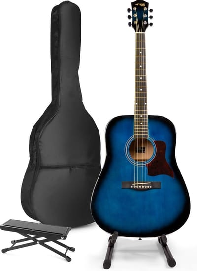 Akoestische gitaar voor beginners - MAX SoloJam Western gitaar 4/4 - Incl. gitaar standaard, voetsteun, gitaar stemapparaat, gitaartas en 2x plectrum - Blauw