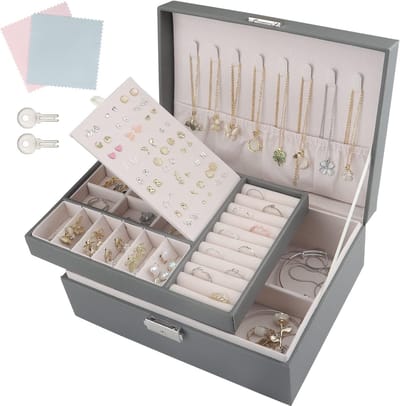 Sieradenbox met 2 lagen, Sleutels en Schoonmaakdoek, PU Leren Organiser voor Kettingen, Oorbellen, Armbanden en Ringen, Perfect voor Sieradenopslag en Organisatie