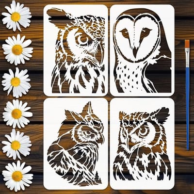 Dailygoods- Uilensjablonen 4-delig - Herbruikbare Sjablonen - Schilderen op Hout - Dieren Thema - Creatieve Accessoires - 21 x 29,7 cm - Schilderstencils