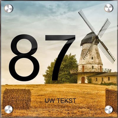 Huisnummer naambord plexiglas 15x15x0,5cm Molen design- met naam bedrukken Huisnummerbordjes, Naambordje voordeur, naamplaatje voordeur, huisnummer bord, huisnummer borden
