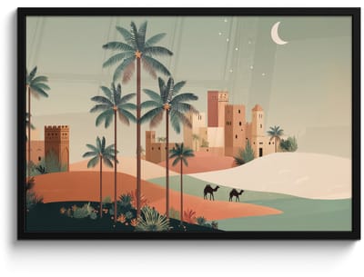 Poster in lijst - Fotolijst 90x60 cm - Posters - Nachtlandschap - Kamelen - Sterren - zandduinden - Posterlijst zwart - Decoratie - Wanddecoratie woonkamer - Muurdecoratie slaapkamer