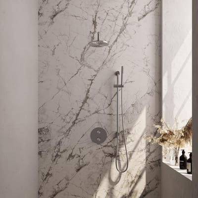 Brauer Brushed Edition thermostatische inbouw regendouche 3-weg rond SET 87 met 20 cm douchekop en gebogen muurarm en staaf handdouche en doucheslang en geïntegreerde glijstang RVS geborsteld PVD