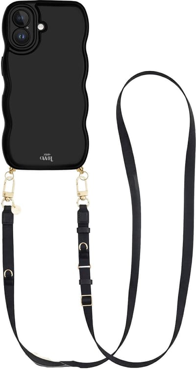 xoxo Wildhearts Glossy Wavy Cord Case Black - Geschikt voor iPhone 17 - Lanyard Strap (Black) - Lang koord - Glimmend telefoonhoesje met golven - Hoesje met koord - Stevig telefoonkoord - Lange telefoonketting - Zwart hoesje