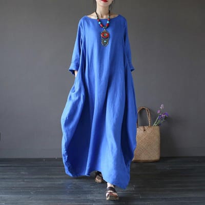 M-5XL Zomer Katoen en Linnen 3/4 Mouw Lange Lengte Grote Maat Losse Casual Effen Kleur Jurk M blauw