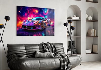 Glasschilderij Ferrari Kleurrijk – 72x46 cm – Dynamische Wanddecoratie op Gehard Glas