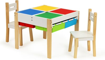 Kindertafel en stoeltjes - met bouwplaten en opbergruimte