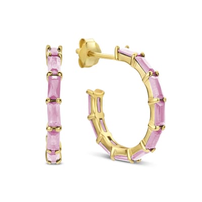 New Bling 9NB-0924 Zilveren Halve Oorringen - Dames - Zirkonia - Baquette - 19 mm Doorsnee - Roze - Goudkleurig