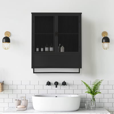 MODFU Opbergkast 60x23x78 cm van metaal en glas, wandmontage, met deuren, open plank en handdoekrek, modern zwart
