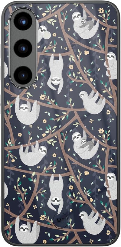Hoesje geschikt voor Samsung Galaxy S25 - Luiaard print - Hard Case Zwart Back Cover - Print - Blauw - Mooie Telefoonhoesjes