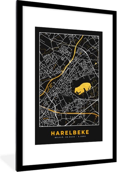 Fotolijst incl. Poster - Plattegrond - Goud - Harelbeke - Stadskaart - Kaart - 80x120 cm - Posterlijst