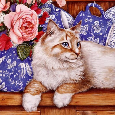 Peinture Diamant Ronde Fleurs et Chat Broderie Point de Croix Mosaïque Strass Décoration Maison 30x30CM brown
