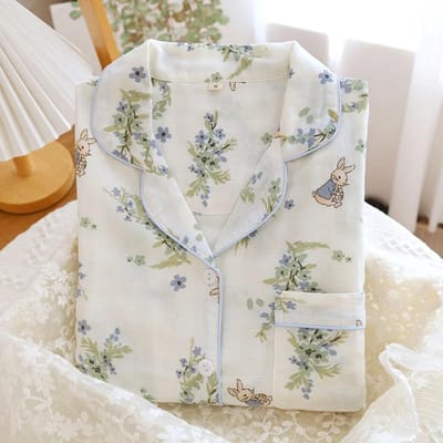 Lente en Zomer Nieuwe Dames Pyjama Set 100% Katoen Dubbellaags Gaas Lange Mouwen Tweedelige Set Cartoon Schattig en Lief Thuis L gray