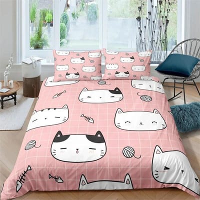 Cartoon Kat Dekbedovertrek Set Cartoon Dierenprint Beddengoed Set Met Kussensloop 2/3 stuks Dekbedovertrek Voor Slaapkamer Decor EU single(135x200cm)