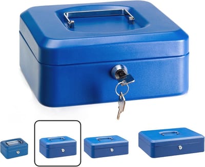 Stalen Geldkistje 20 cm Breed | Afsluitbaar Geldkluisje met Legbord | Geldkist met Sleutel en Inzet voor Munten | Blauw
