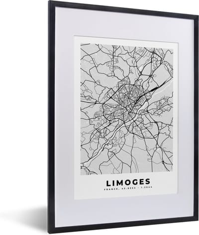 Fotolijst incl. Poster - Frankrijk - Limoges - Stadskaart - Plattegrond - Kaart - 30x40 cm - Posterlijst