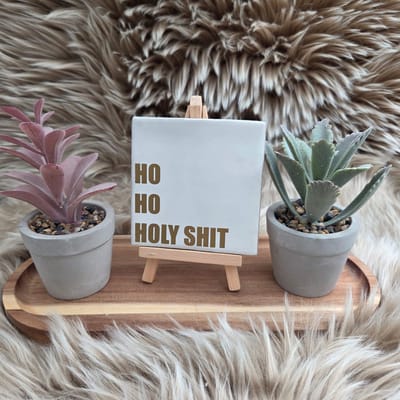Robuust Wenstegeltje - Ho Ho Holy shit – Luxe Cadeautegel met Tekst - Trendy nu - Keramiek - Robuust - 10X10 - Kersttegel – Woordgrap
