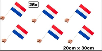 25x Luxe Zwaaivlaggetjes op stok Nederland 20cm x 30cm - stok hout 50cm - Zwaai vlaggetjes EK WK thema feest voetbal festival uitdeel Holland
