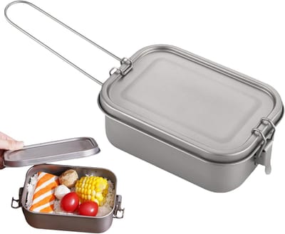 KZQ Lunchbox van titaniumlegering voor kamperen, lekvrije voedselcontainer met afsluitdeksel en inklapbaar handvat, gemaakt van metaal, geschikt voor koken boven een vuur en voor backpacken. 800 ml [met handvat]