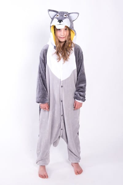 KIMU® Onesie Grijze Wolf Pakje - Maat 110-116 - Wolvenpak Kostuum Grijs Husky Pak - Peuter Boxpakje Huispak Pyjama Jongen Meisje Overall Fleece Festival