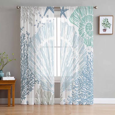 Oceaan Schelp Zeester Koraal Schelp Doorzichtige Gordijnen voor Woonkamer Decoratie Raambekleding Keuken Tule Voile Organza Gordijnen W135 x H160cm x1