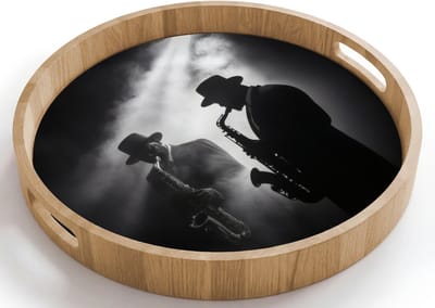 Dienblad rond 40x40 cm - Schootdienblad hout - Saxofonisten - Hoeden - Rook - Licht - Borrelplank rechthoek - Plateau houten dienbladen