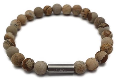 H-Beau - Handgemaakte Armband van Edelstenen - Natuurstenen - Jaspis Kralen - RVS Kraal - 8mm - lengte 21cm - Mat - Beige - Bruin - Heren - Unisex - Sterrenbeeld - Horoscoop - Maagd
