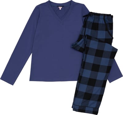 La-V pyjamaset voor dames met geruite flanel broek en V hals top - Jeans blauw S