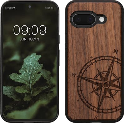 kwmobile telefoonhoesje geschikt voorGoogle Pixel 9a - Hoesje met bumper - hout - In donkerbruin Vintage Kompas design