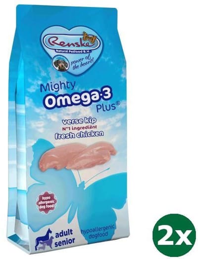 2x12 kg Renske mighty omega plus adult/senior kip/rijst hondenvoer