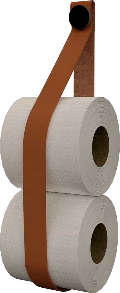 Leren toiletrol-voorraadhouder, met zuignap én schroef - Handles and more® | leer: COGNAC / knop: Zwart (reserverolhouder - toiletrolhouder - toiletrollen houder - toilet rol voorraad houder)