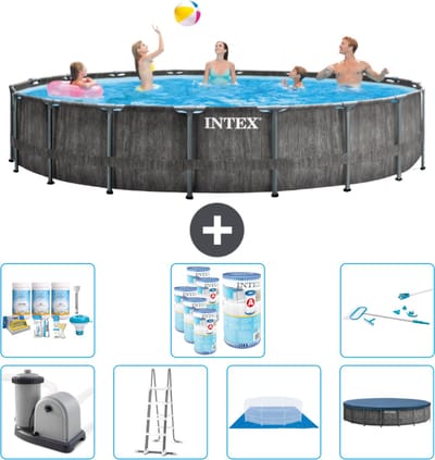 Intex Rond Prism Frame Greywood Zwembad - 549 x 122 cm - Inclusief Pomp - Ladder - Grondzeil - Afdekzeil Onderhoudspakket - Filters - Schoonmaakset